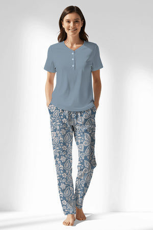 Woman Polyviscon Edelia Drop Collar Pyjama Set - MAVİ - Image 1
