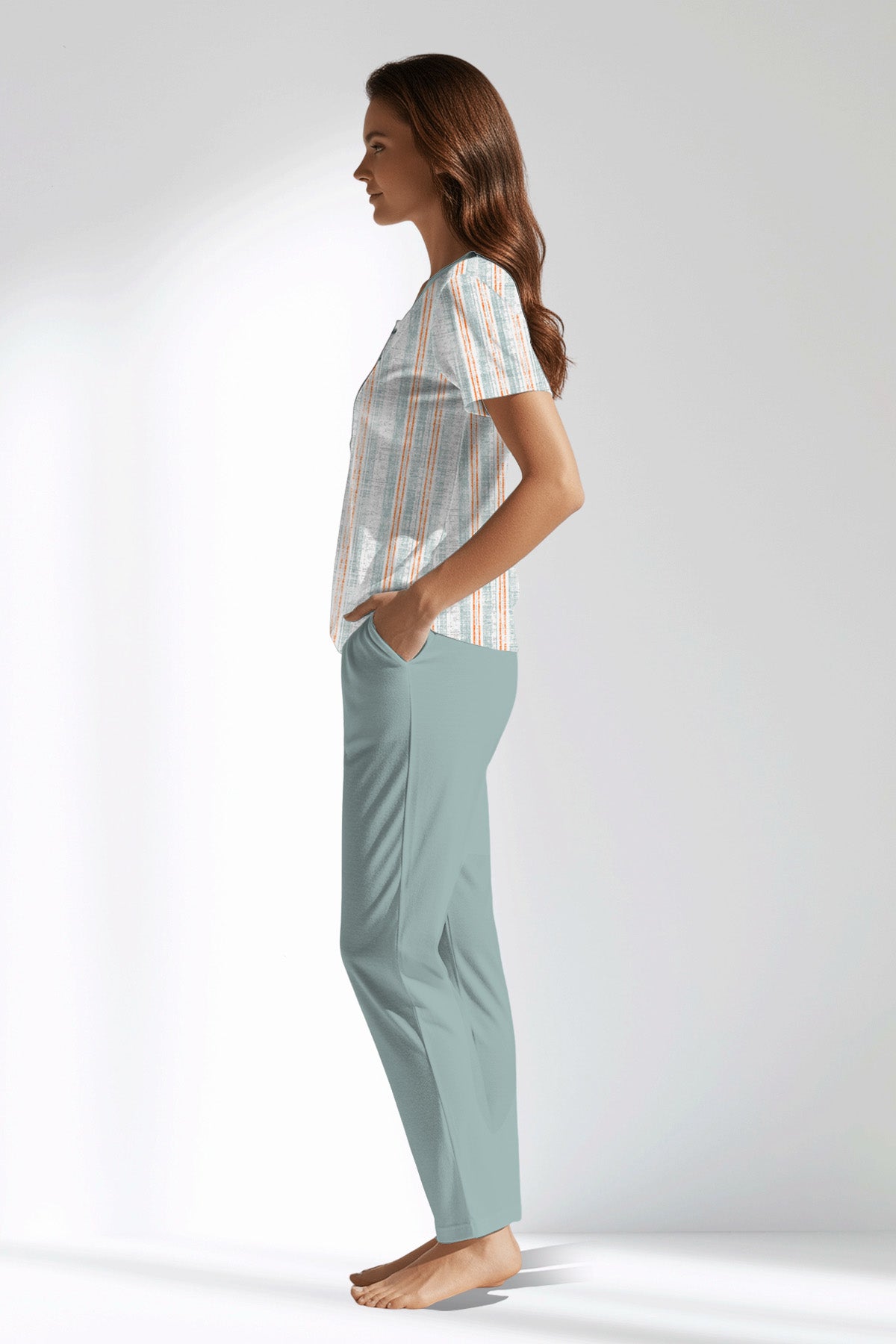 Woman Polyviscon Liner Buttoned Collar Pyjama Set - ROTASYON - Image 2