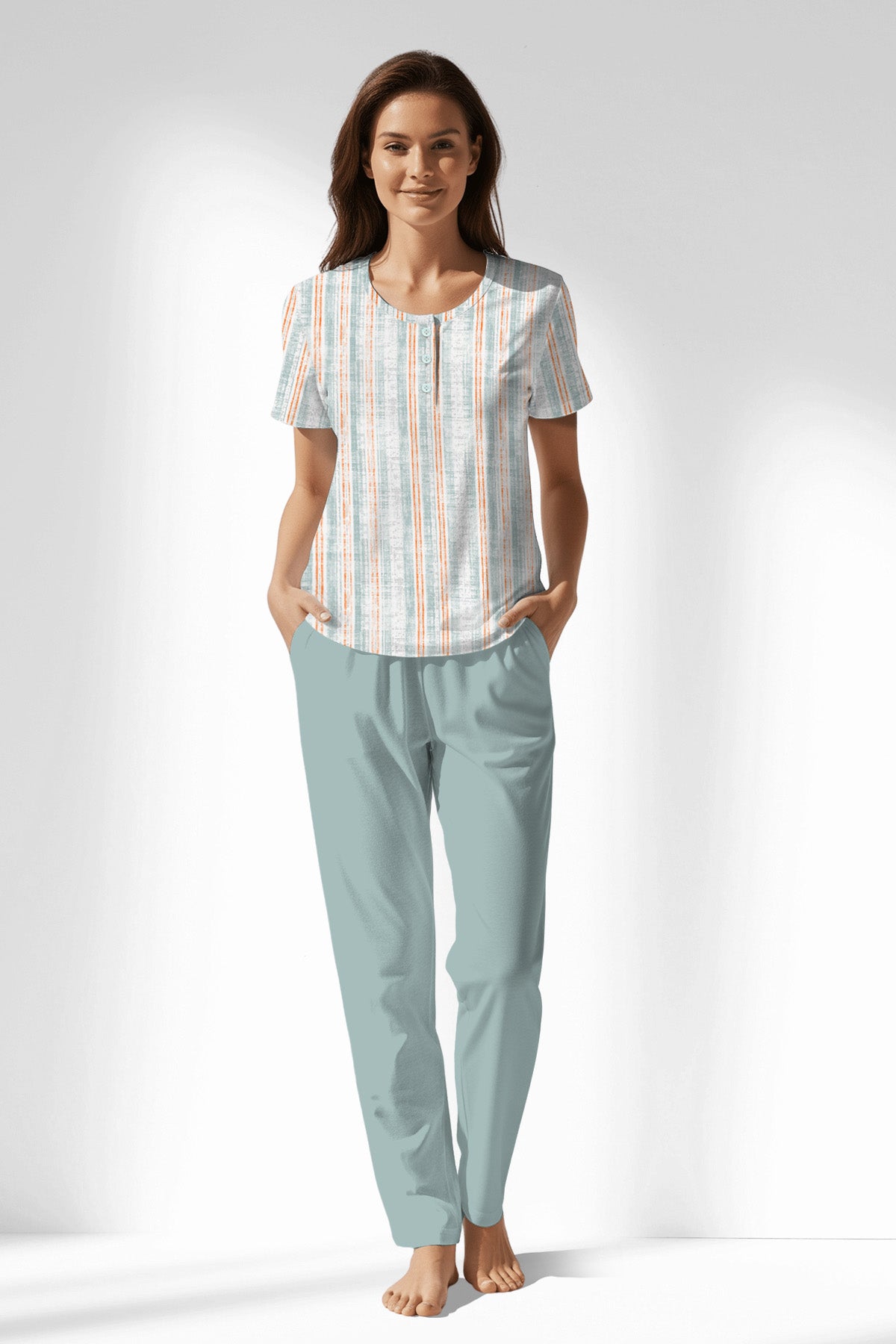 Woman Polyviscon Liner Buttoned Collar Pyjama Set - ROTASYON - Image 1