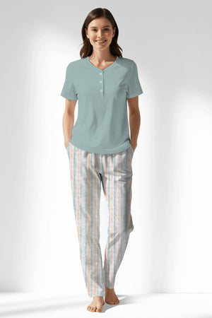 Woman Polyviscon Liner Drop Collar Pyjama Set - BLUE HAZE - Image 1