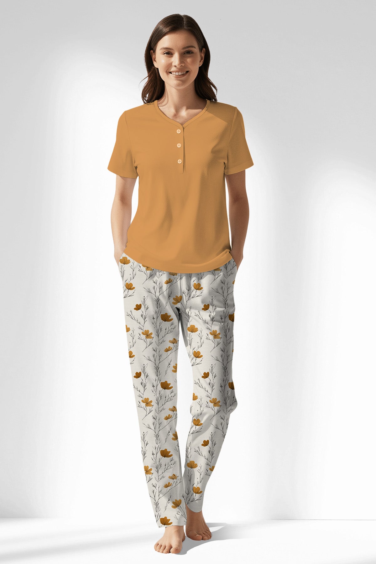 Woman Polyviscon Linora Drop Collar Pyjama Set - GOLDEN NUGGET - Image 1