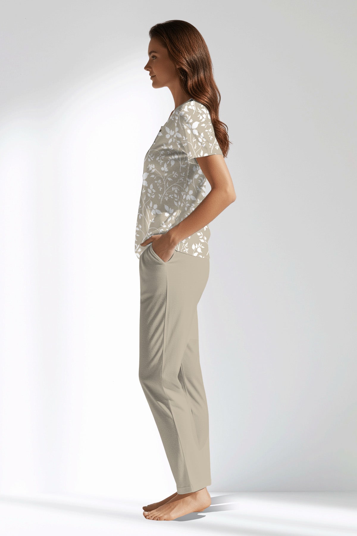 Woman Polyviscon Sprig Buttoned Collar Pyjama Set - ROTASYON - Image 2
