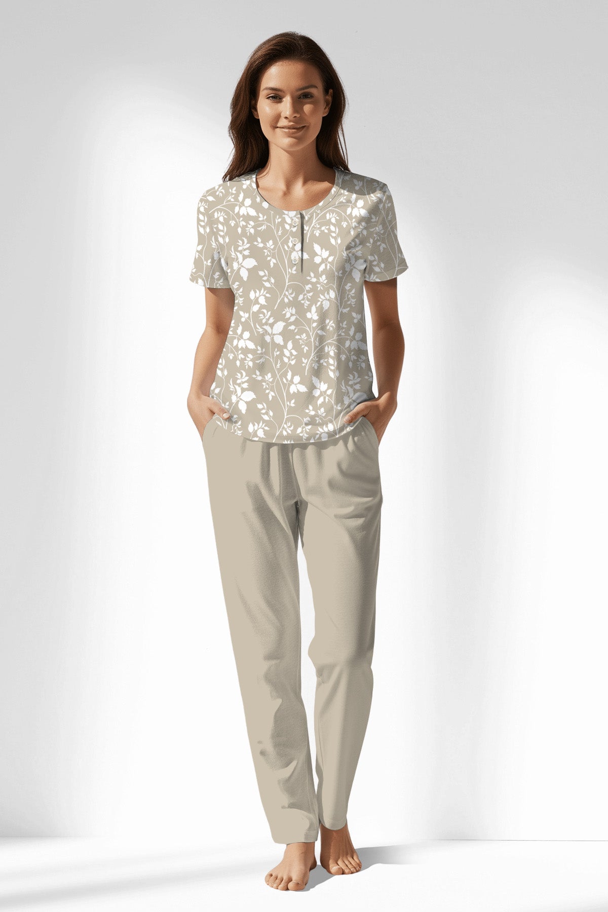 Woman Polyviscon Sprig Buttoned Collar Pyjama Set - ROTASYON - Image 1