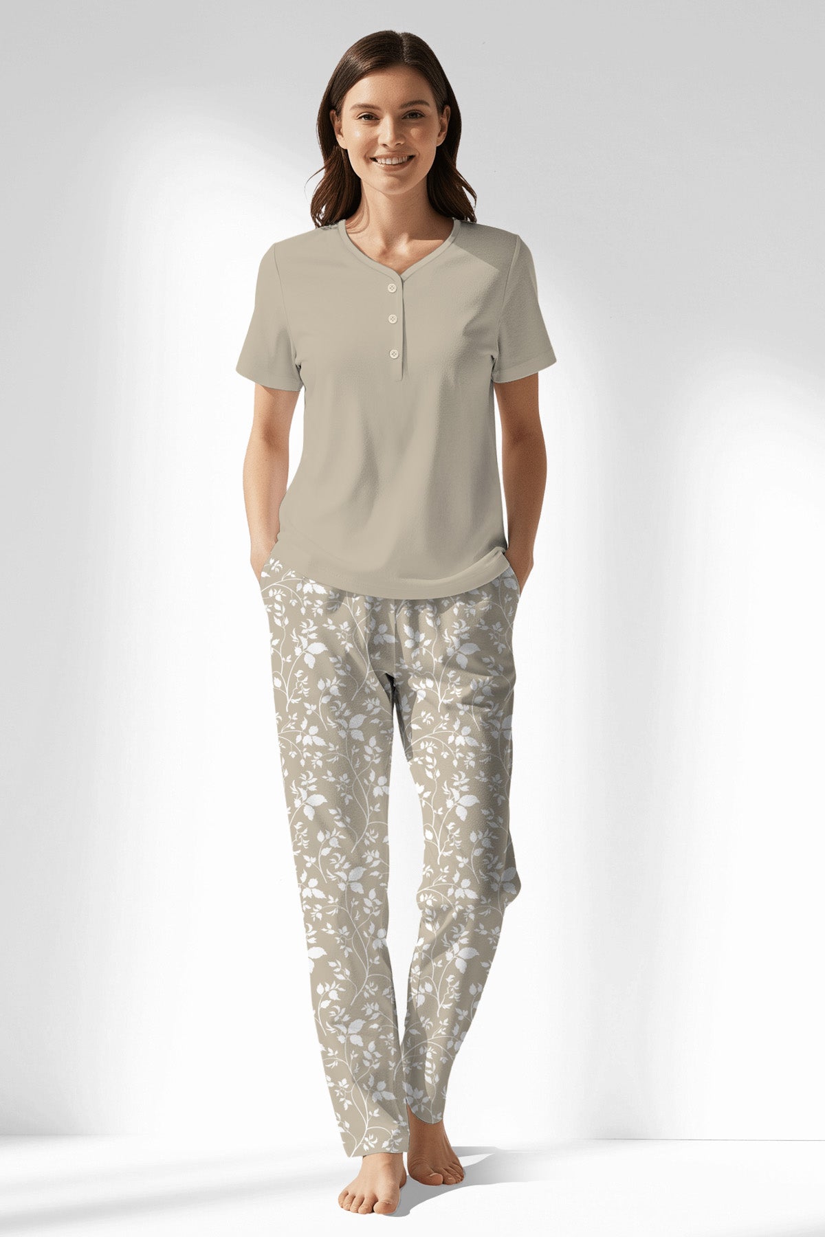 Woman Polyviscon Sprig Drop Collar Pyjama Set - 14-1107 - Image 1