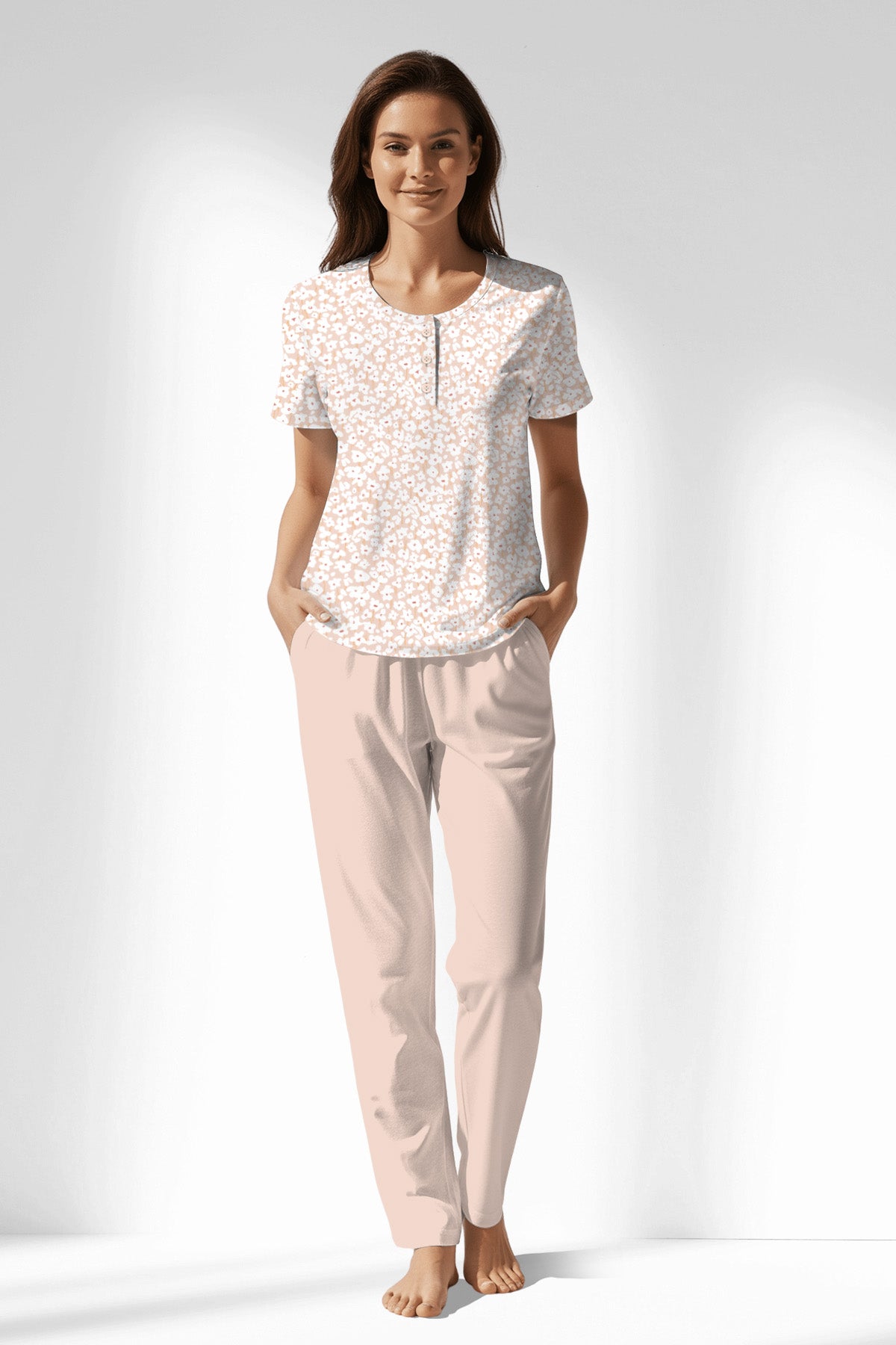 Woman Polyviscon Vanilla Buttoned Collar Pyjama Set - ROTASYON - Image 1
