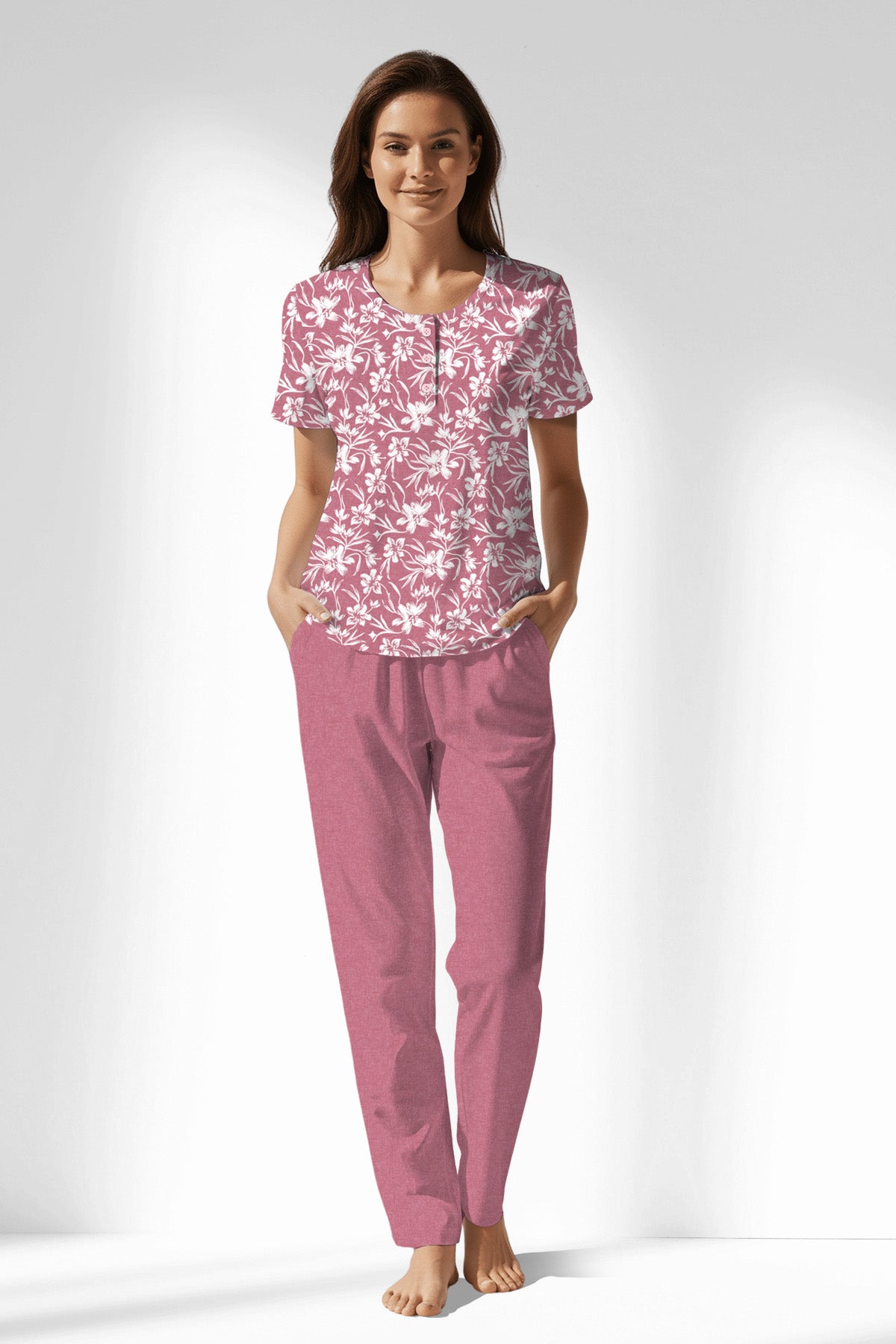Woman Polyviscon Affection Buttoned Collar Pyjama Set - ROTASYON - Image 1