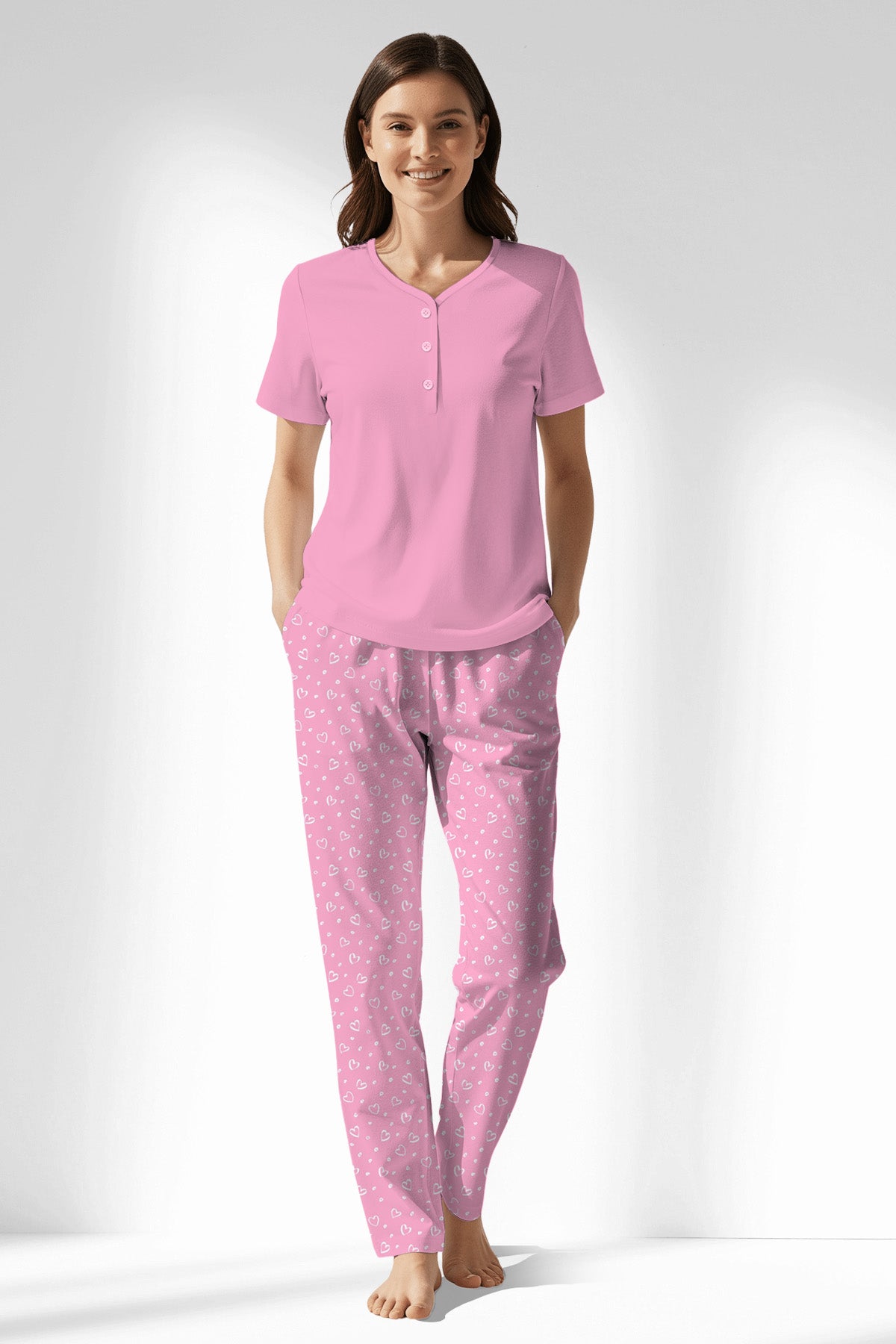 Woman Polyviscon TrueBliss Drop Collar Pyjama Set - PINK - Image 1