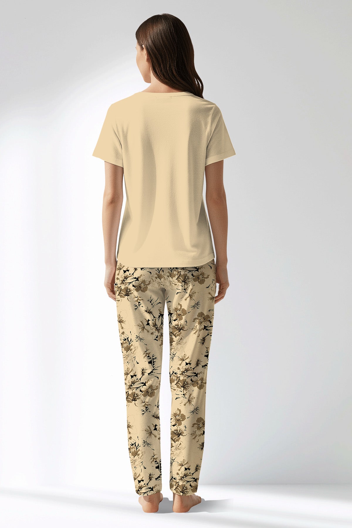 Woman Polyviscon Fleuron Drop Collar Pyjama Set - B-METRAJ KAHVE - Image 2