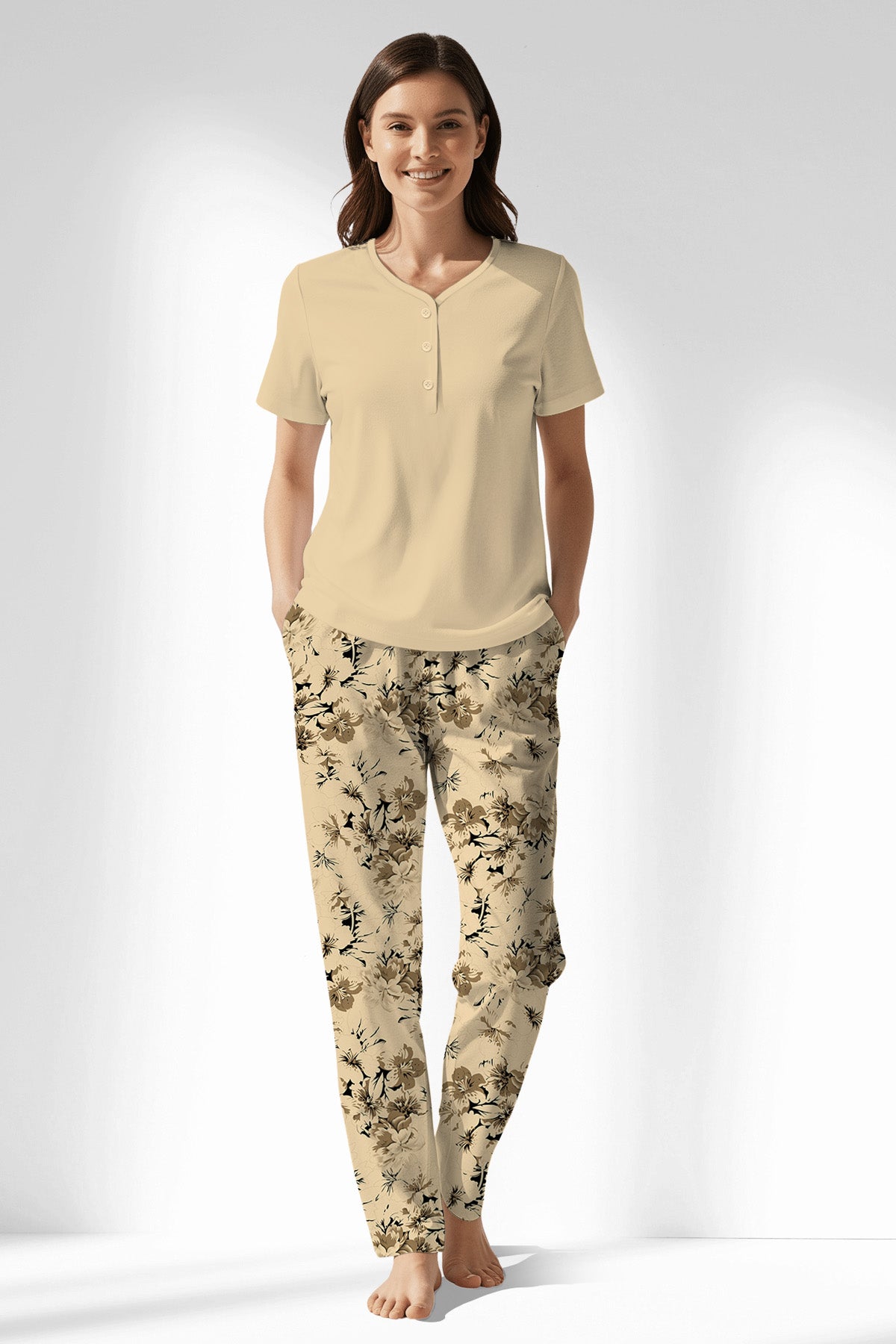 Woman Polyviscon Fleuron Drop Collar Pyjama Set - METRAJ ZEMIN - Image 1