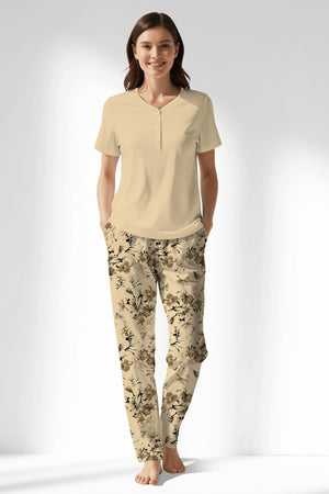 Woman Polyviscon Fleuron Drop Collar Pyjama Set - METRAJ ZEMIN - Image 1