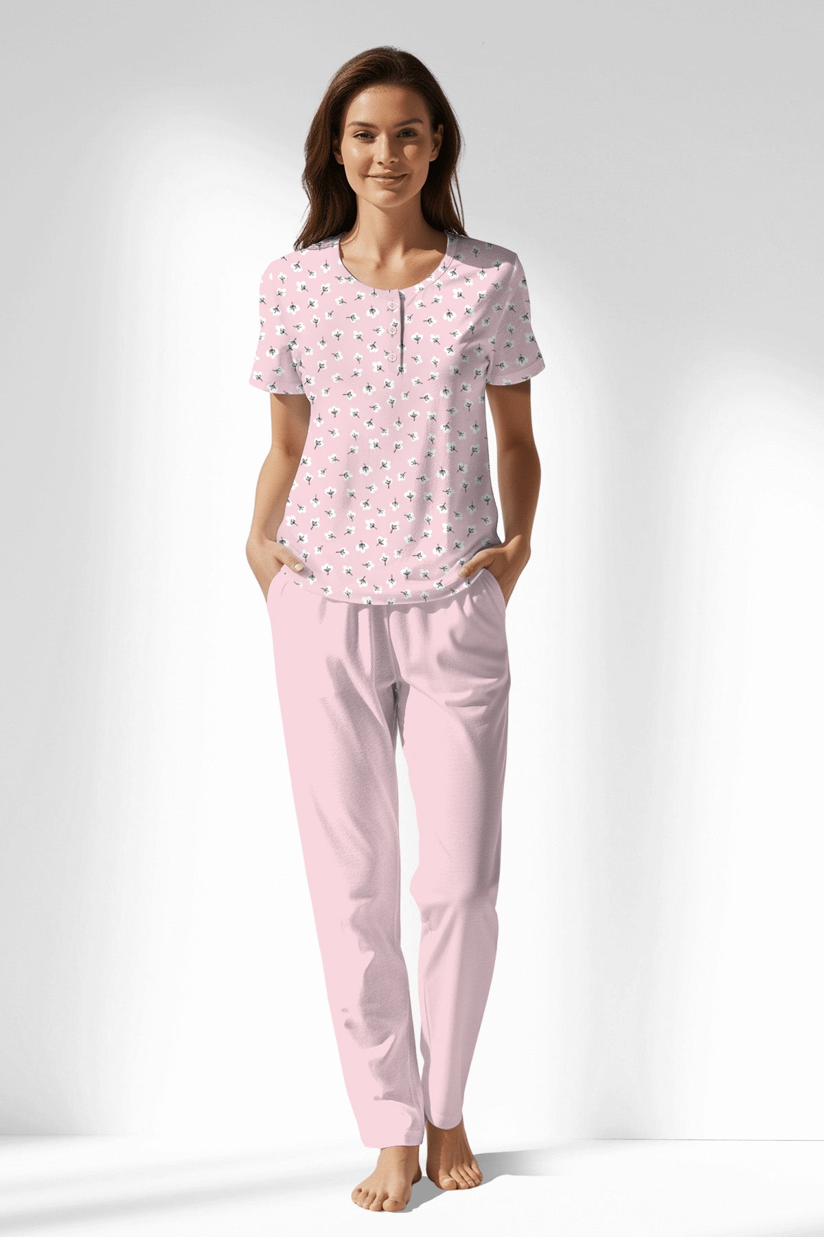 Woman Polyviscon Cloud Buttoned Collar Pyjama Set - ROTASYON - Image 1