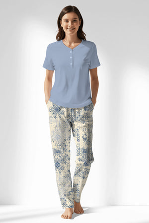 Woman Polyviscon Bluetile Drop Collar Pyjama Set - B-15-3915 - Image 1