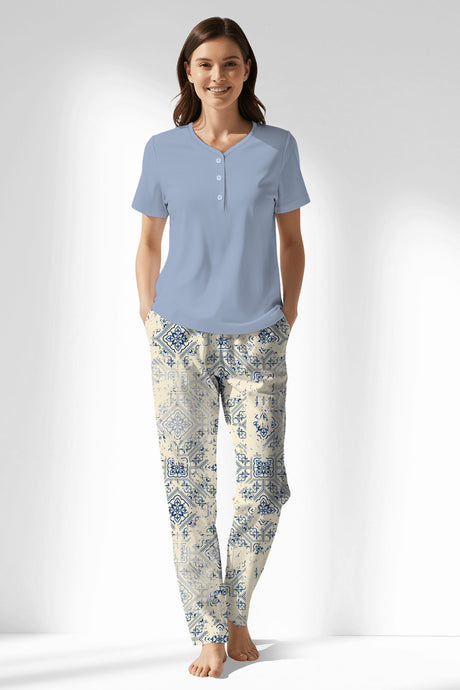 Woman Polyviscon Bluetile Drop Collar Pyjama Set - B-15-3915 - Image 1