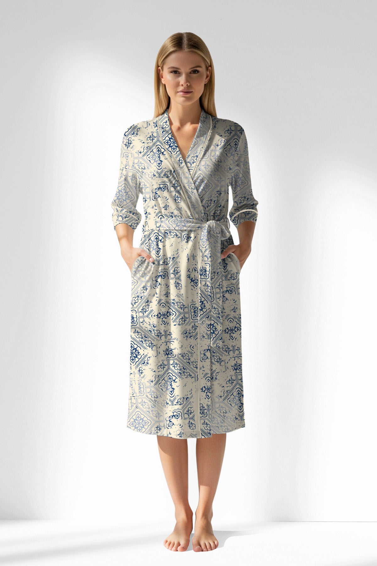 Woman Polyviscon Bluetile Dressing Gown - ROTASYON - Image 1