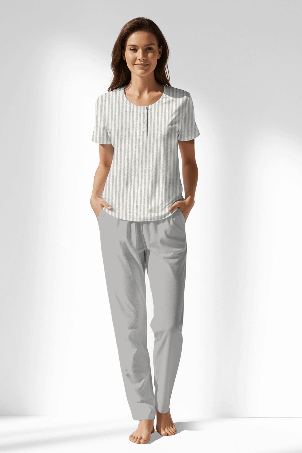 Woman Polyviscon InkWave Buttoned Collar Pyjama Set - ROTASYON - Image 1