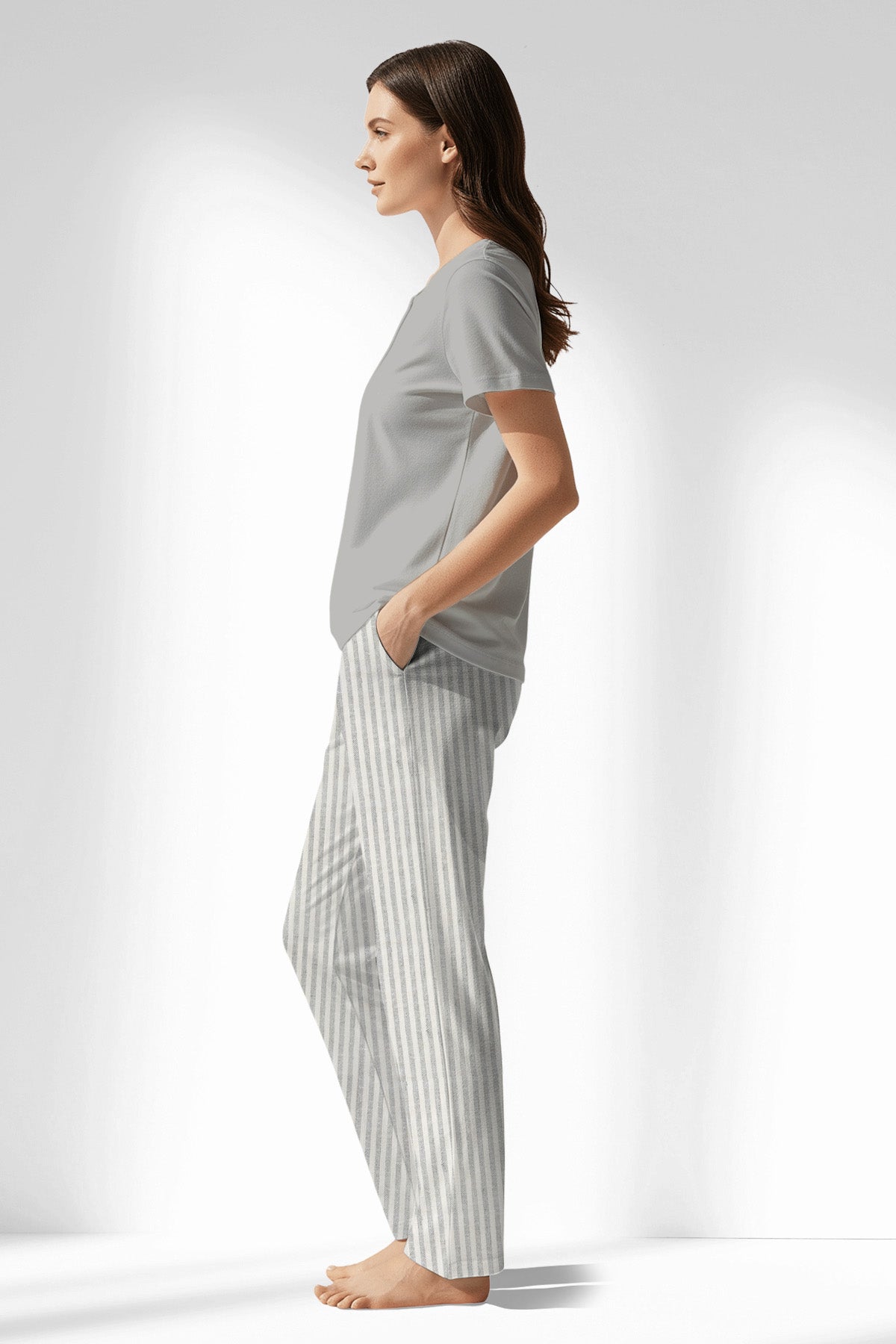 Woman Polyviscon InkWave Drop Collar Pyjama Set - METRAJ GRI - Image 2