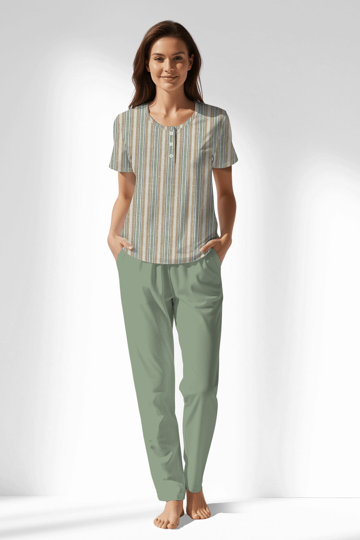 Woman Polyviscon LineFlow Buttoned Collar Pyjama Set - ROTASYON - Image 1