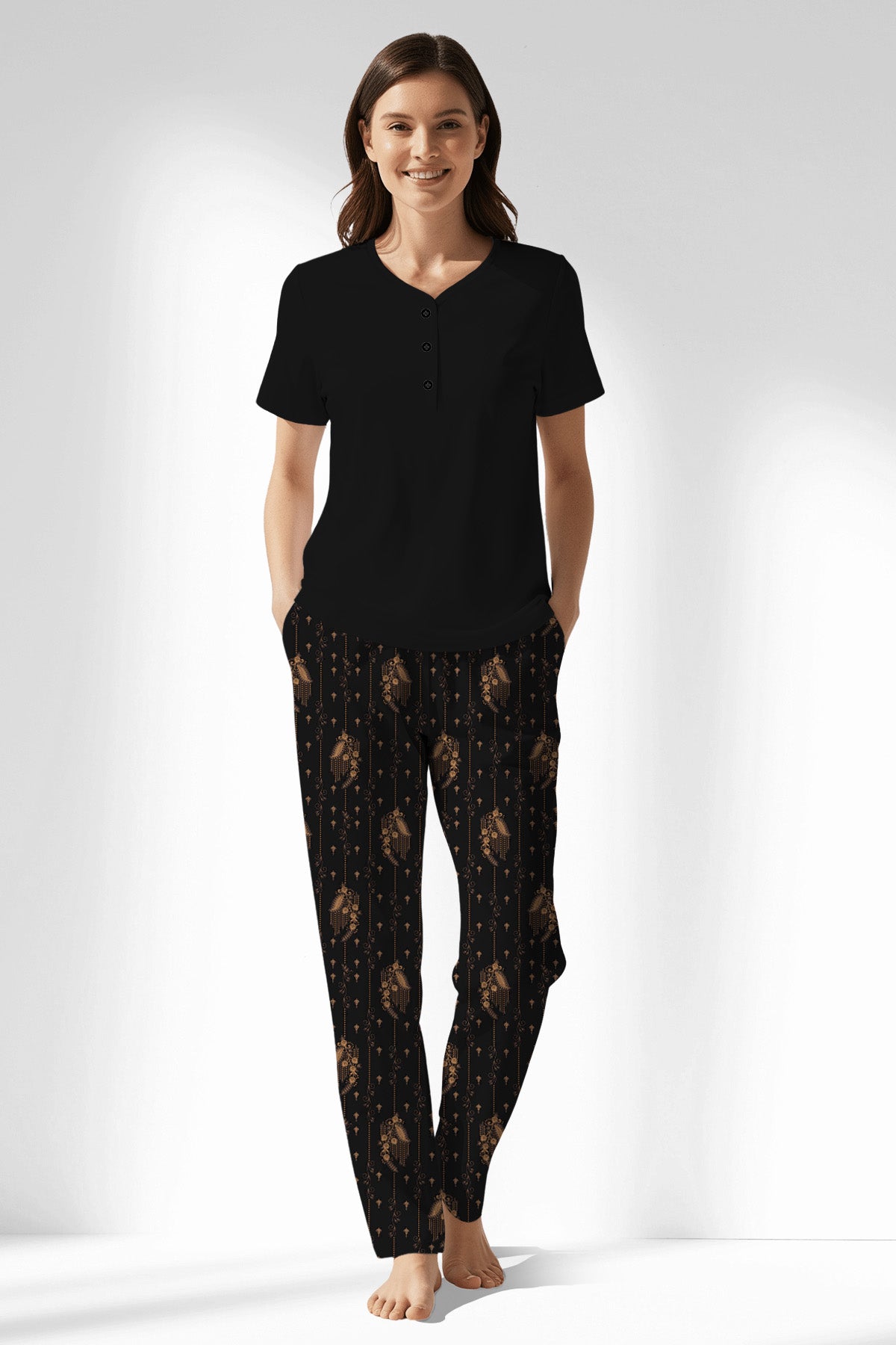 Woman Polyviscon Iralea Drop Collar Pyjama Set - B-METRAJ ZEMIN - Image 1