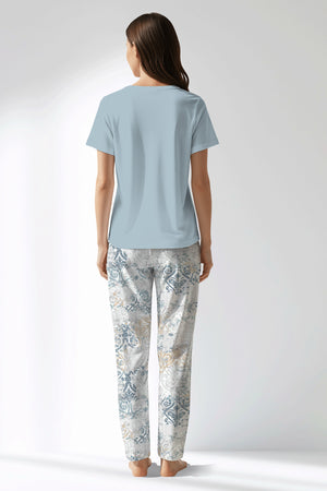 Woman Polyviscon Livora Drop Collar Pyjama Set - METRAJ MAVİ - Image 3