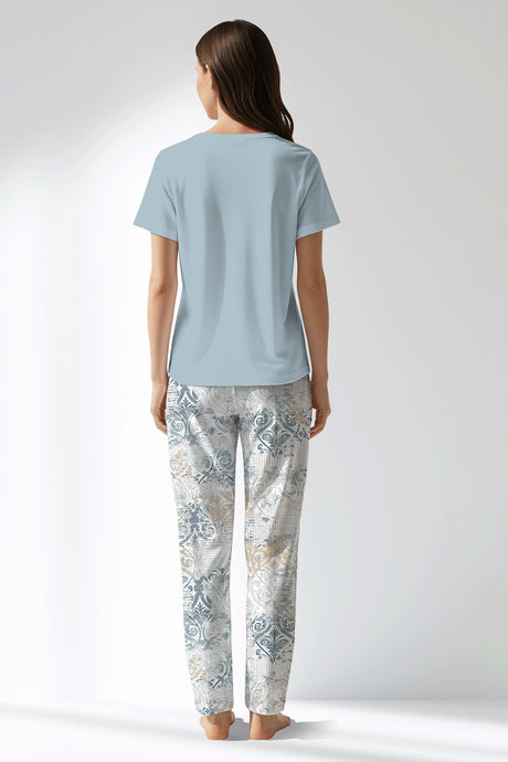 Woman Polyviscon Livora Drop Collar Pyjama Set - METRAJ MAVİ - Image 3